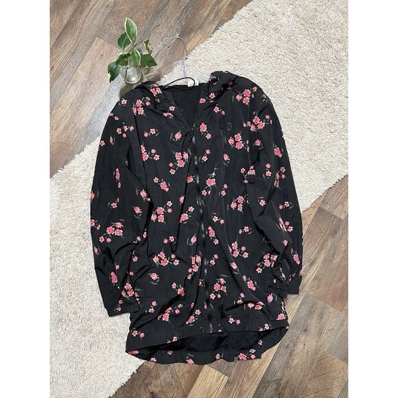 Victoria's Secret PINK XS/S Black Floral Hooded Full Zip Windbreaker Rain Jacket - Picture 1 of 8